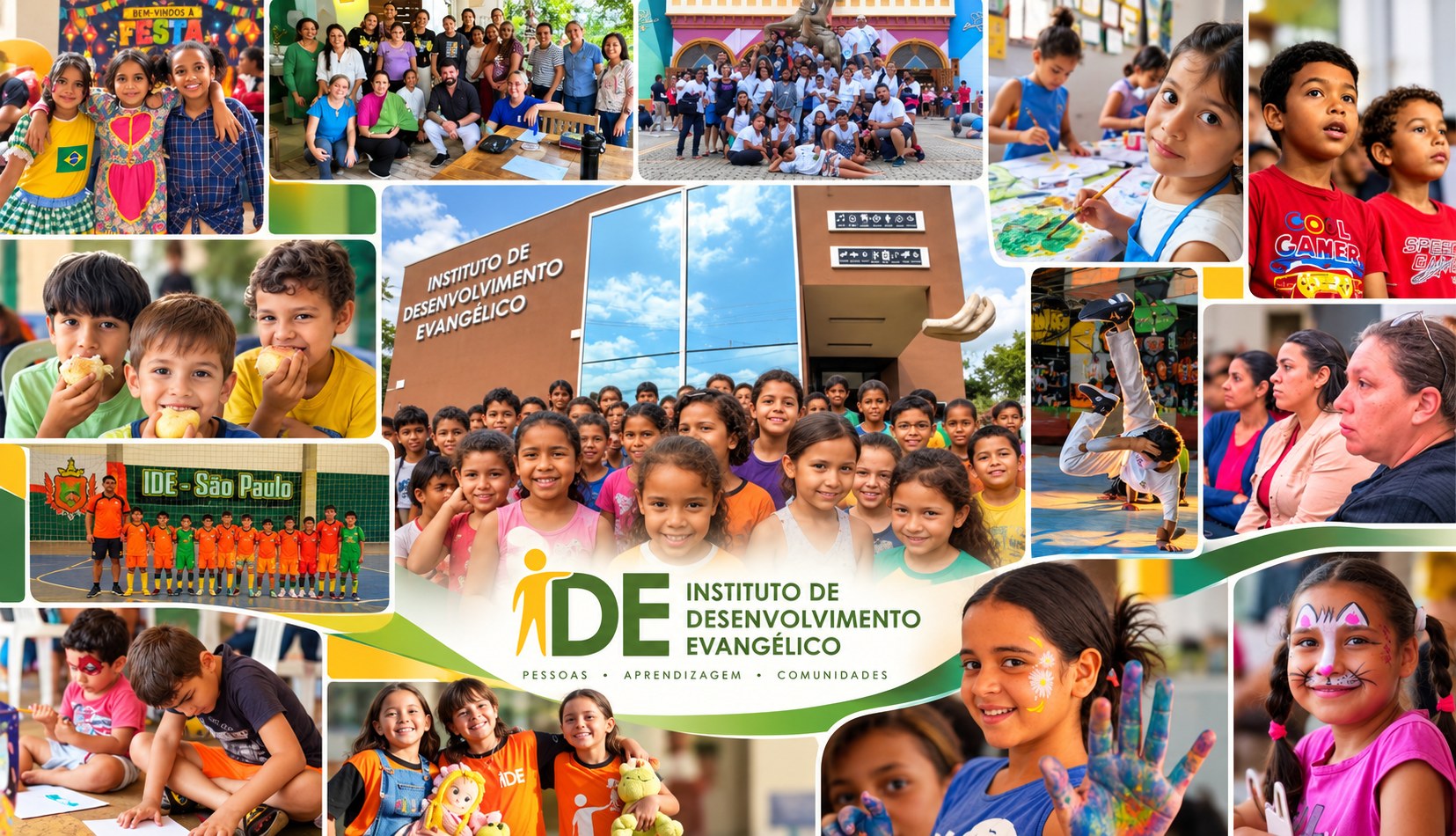 Montagem institucional com atividades, comunidade e fachada do Instituto IDE